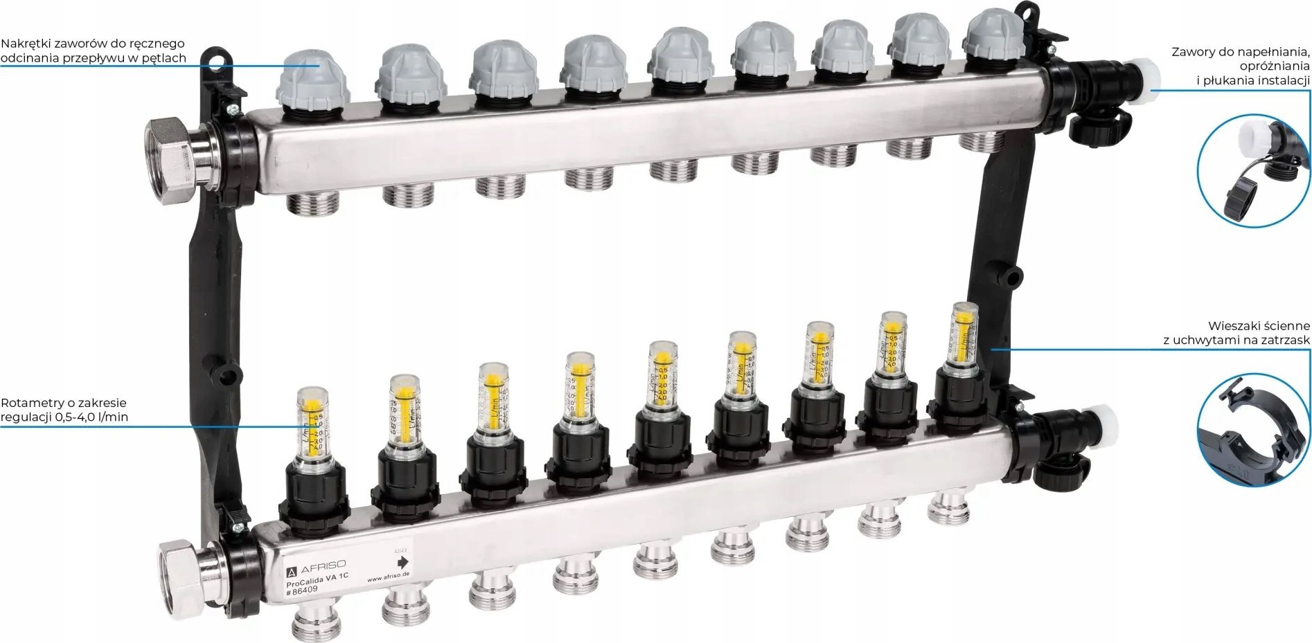 Afriso PROCALIDA VA 1C nierdzewny 9 obwodowy rozdzielacz do ogrzewania podłogowego z zaworami termostatycznymi i przepływomierzami 86 409