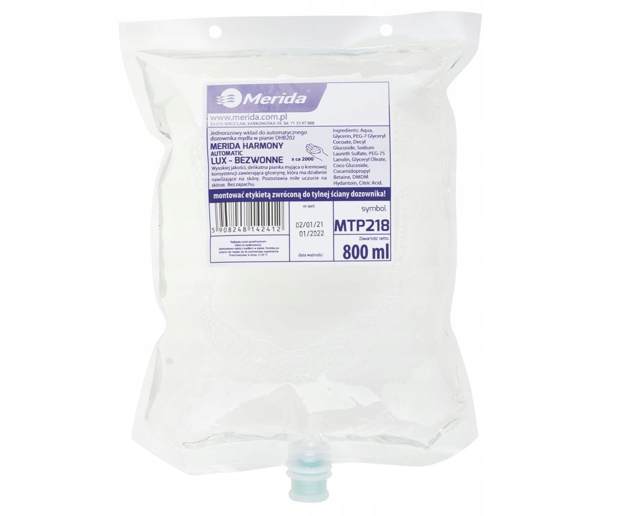 Dozownik do mydła Merida Harmony Lux Automatic - Mydło w pianie, wkład do dozownika automatycznego, 800 ml