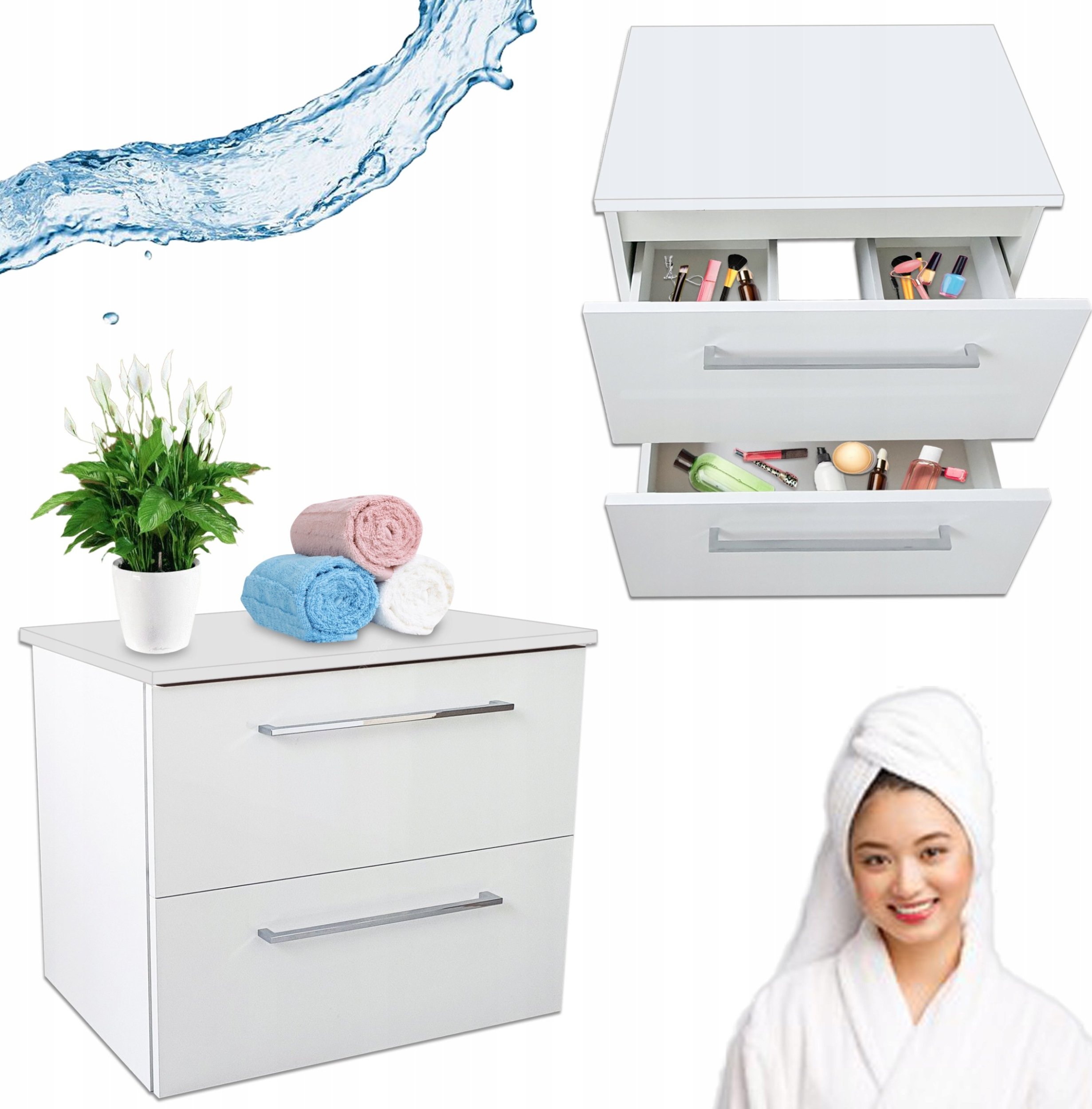 Szafka Łazienkowa 60 Biała Wisząca z Blatem 2 Szuflady Połysk Cichy Domyk