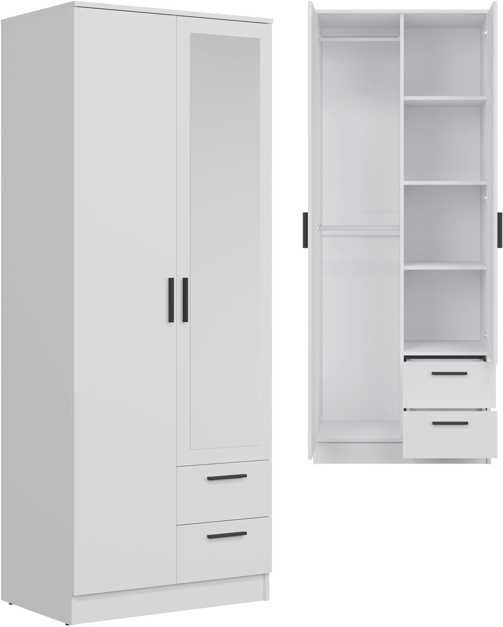 Szafa dwudrzwiowa z szufladami i lustrem wąska 80 cm biała MONTANA MT02