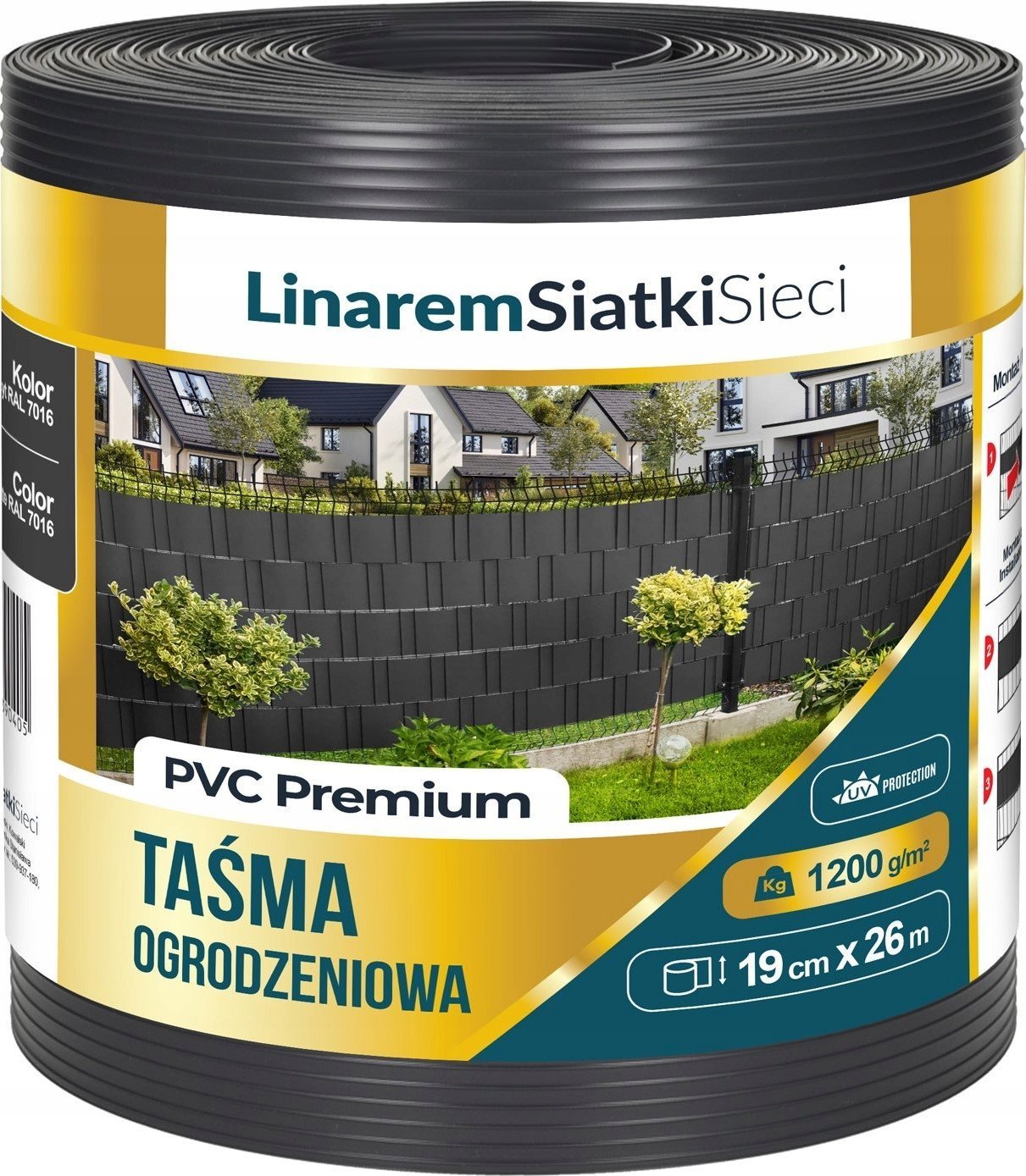 Linarem SiatkiSieci TAŚMA OGRODZENIOWA PREMIUM 1200g ANTRACYT DO OGRODZENIA PANELOWEGO 19cmx26m