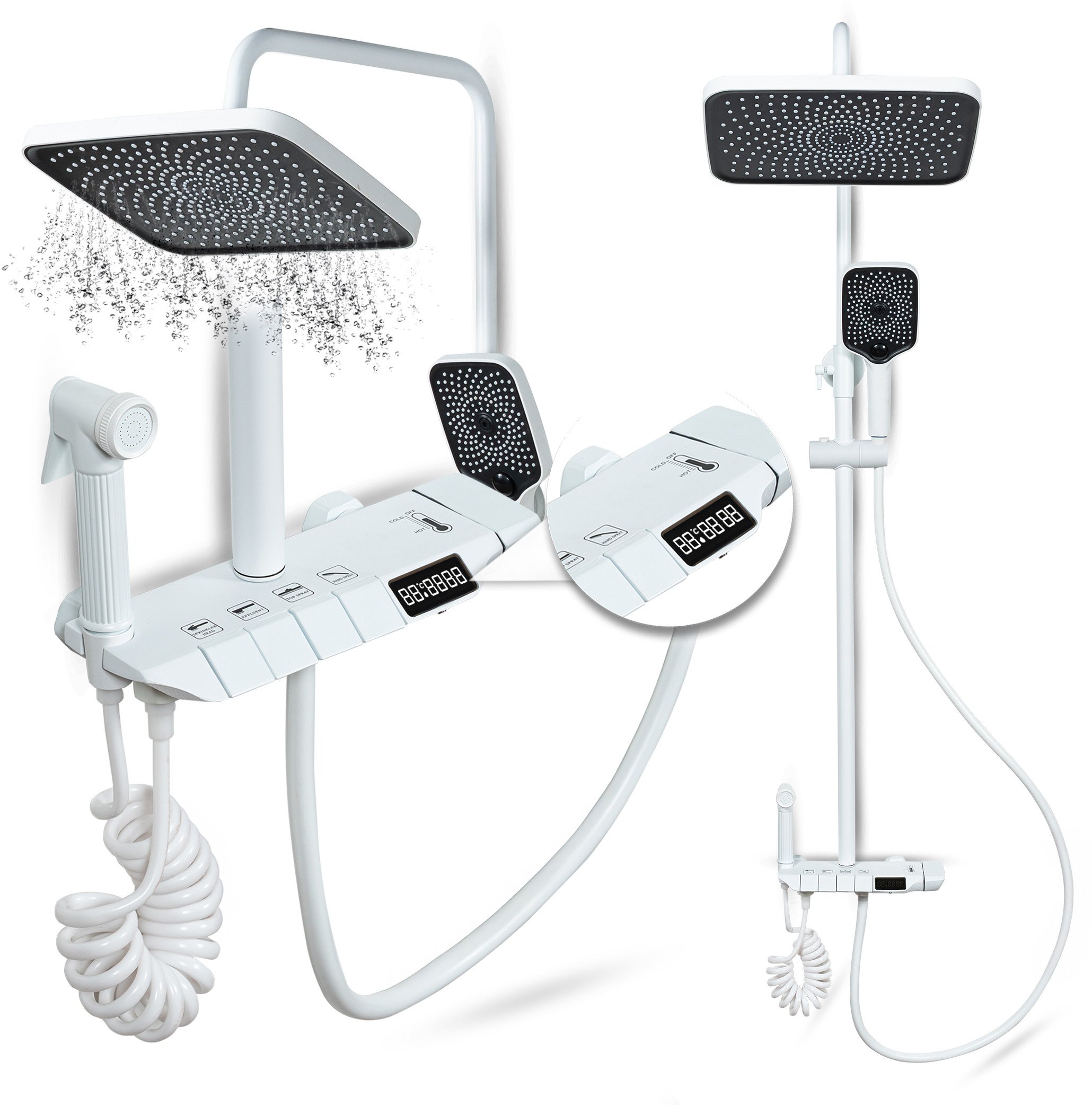 Biały zestaw prysznicowy Heckermann LS06 kolumna natryskowa z baterią termostat deszczownica 4w1