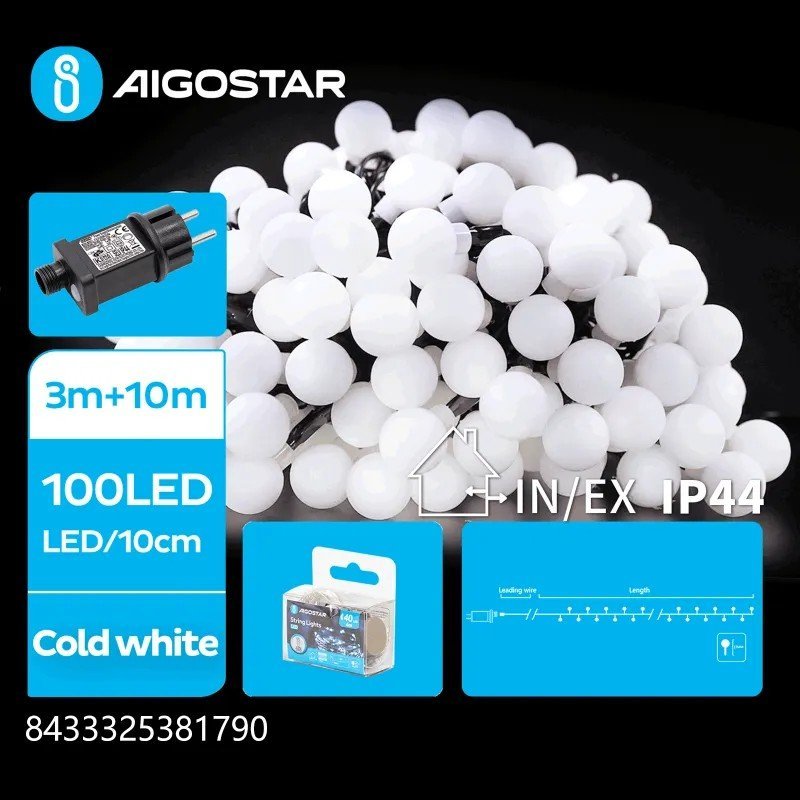 Lampki choinkowe Aigostar Niskonapięciowa kulki mleczne 100led Zimne 10m+3 Niskonapięciowa kulki mleczne 100led Zimne 10m+3