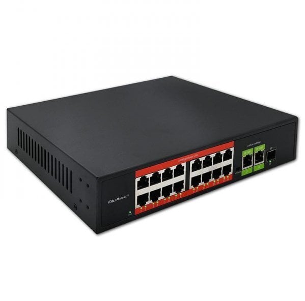 Switch niezarządzalny Qoltec przełącznik sieciowy Fast Ethernet PoE | 16x RJ45 10/100 Mb/s | 2x RJ45 Uplink 1000 Mb/s | 1x SFP 1000 Mb/s