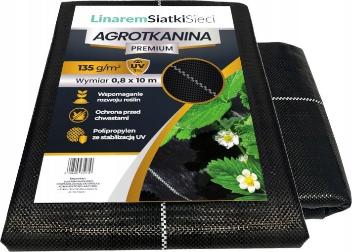 Linarem SiatkiSieci AGROTKANINA 135G 0,8x10m PREMIUM UV 3% AGROWŁÓKNINA CZARNA MATA + KOŁKI
