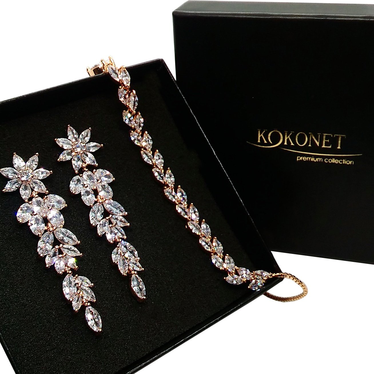 KOKONET KWIATOWY komplet kolczyki bransoletka z cyrkoniami kryształki RÓŻOWE ZŁOTO