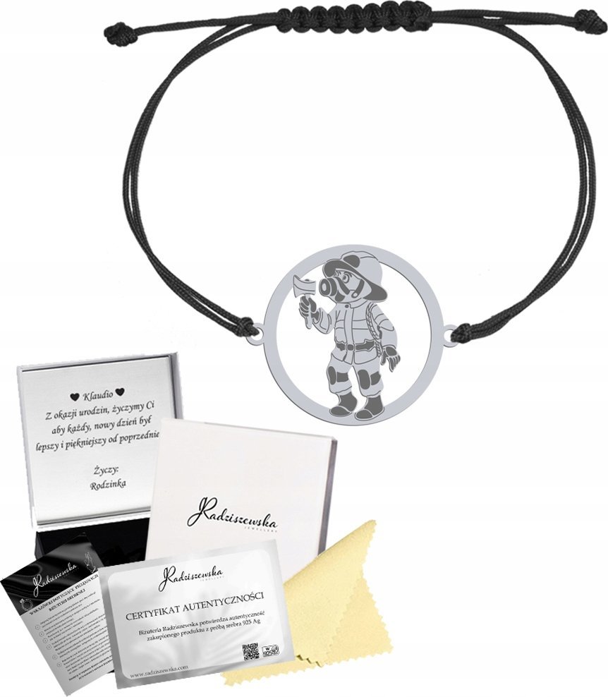 Radziszewska Jewellery Bransoletka Srebrna STRAŻAK Sznurek Prezent Biżuteria 925 GRAWER GRATIS