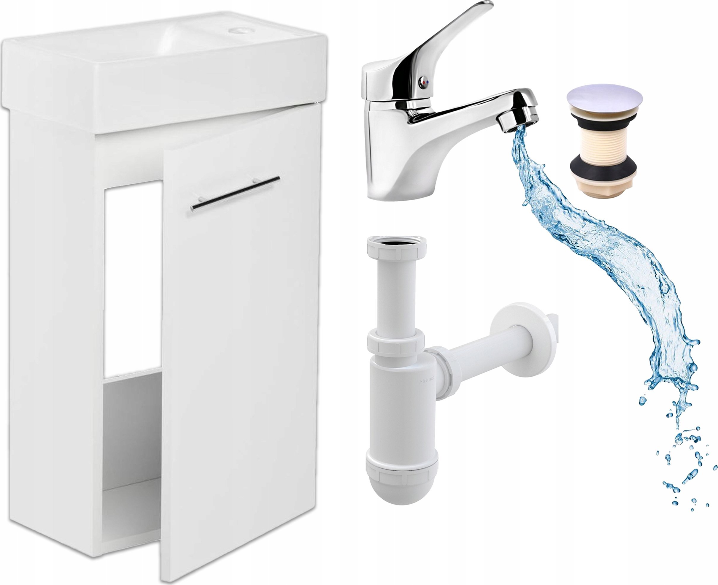 Stamar Biała Wisząca Szafka z Umywalką do Łazienki 50x23 + Bateria Klik Klak Syfon