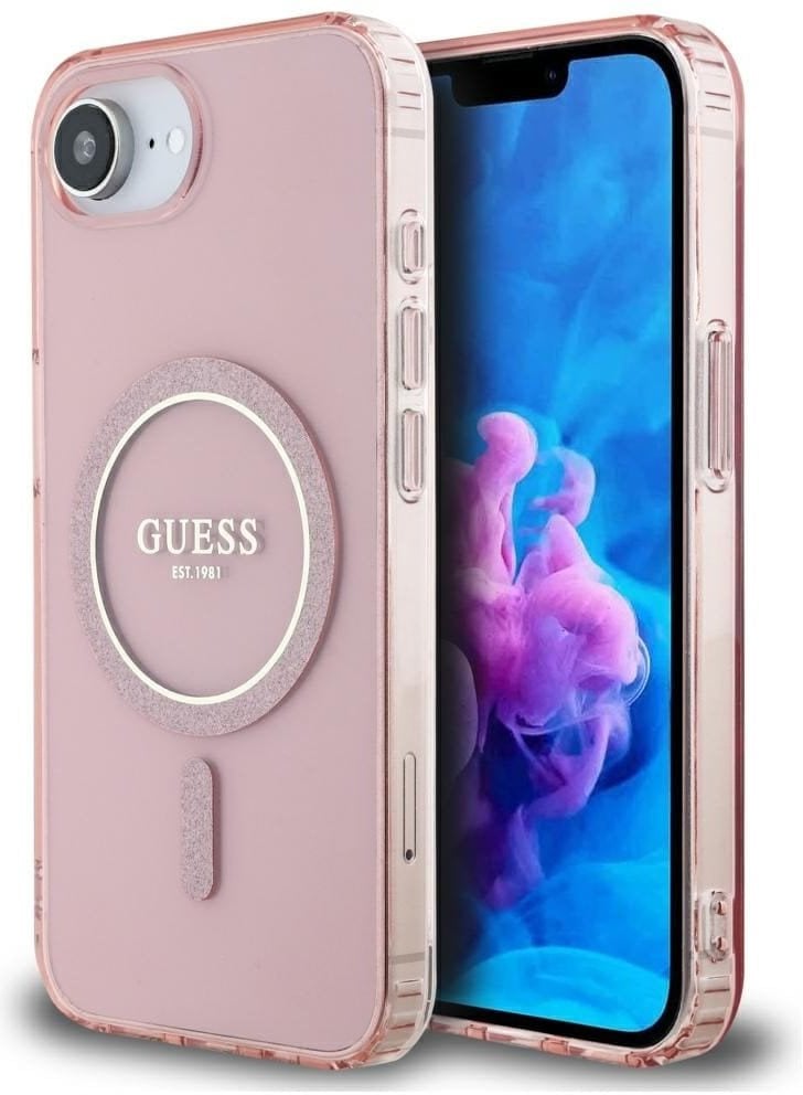 Etui Guess IML Glitter Circle MagSafe do iPhone 16e różowy