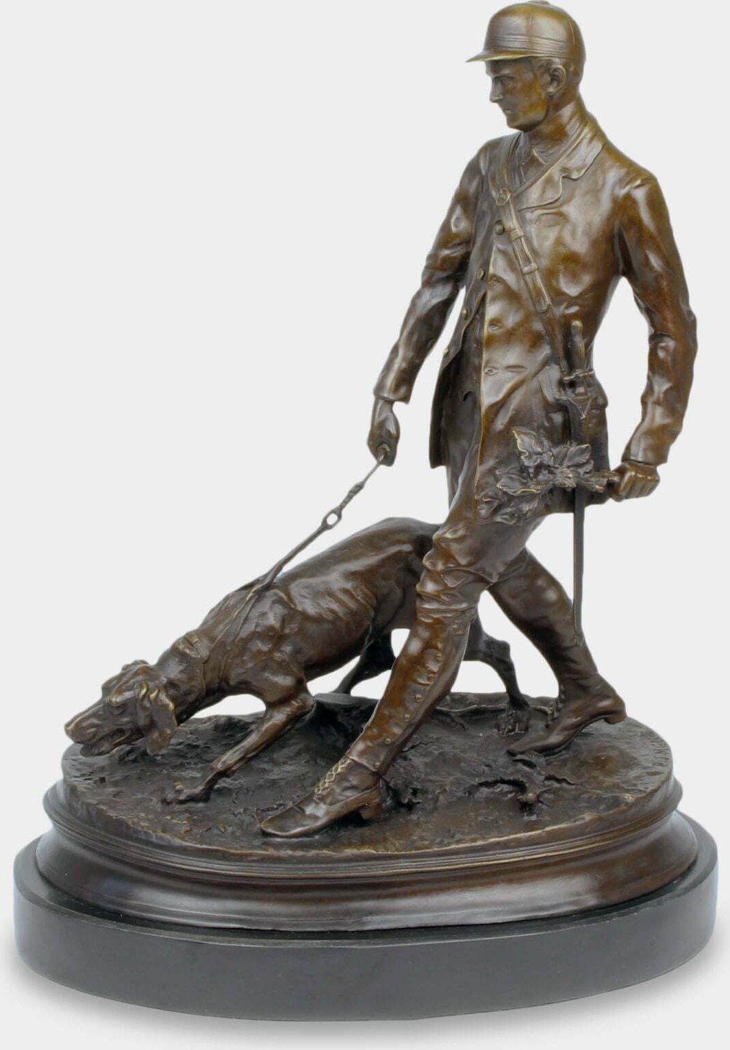 rzezbyzbrazu Myśliwy na Polowaniu z Psem Gończym Rzeźba z Brązu