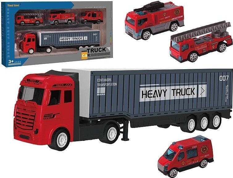 Ciężarówka z kontenerem i autami