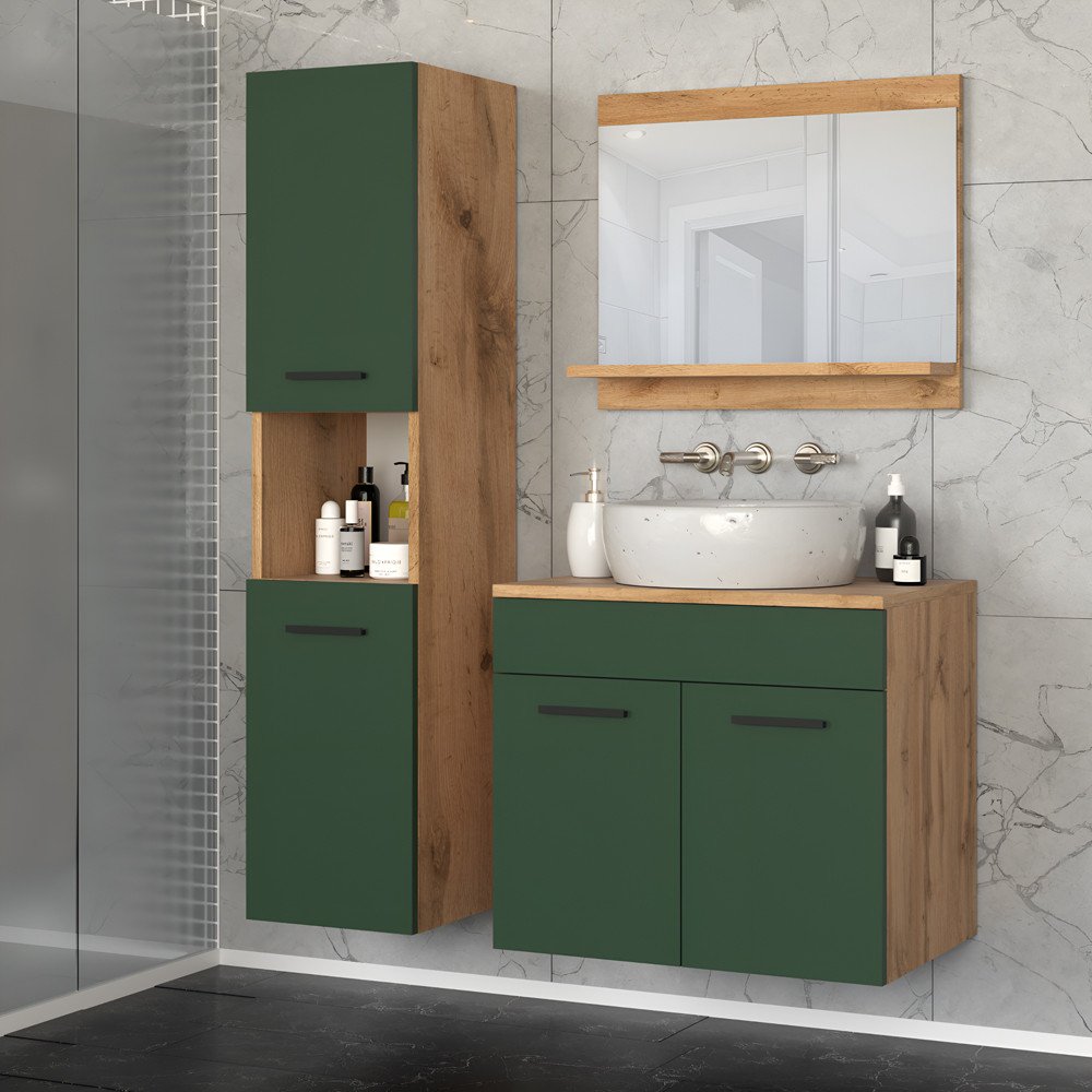 Meble Łazienkowe 90cm Zestaw Słupek Szafka Lustro Umywalka Wotan Zieleń
