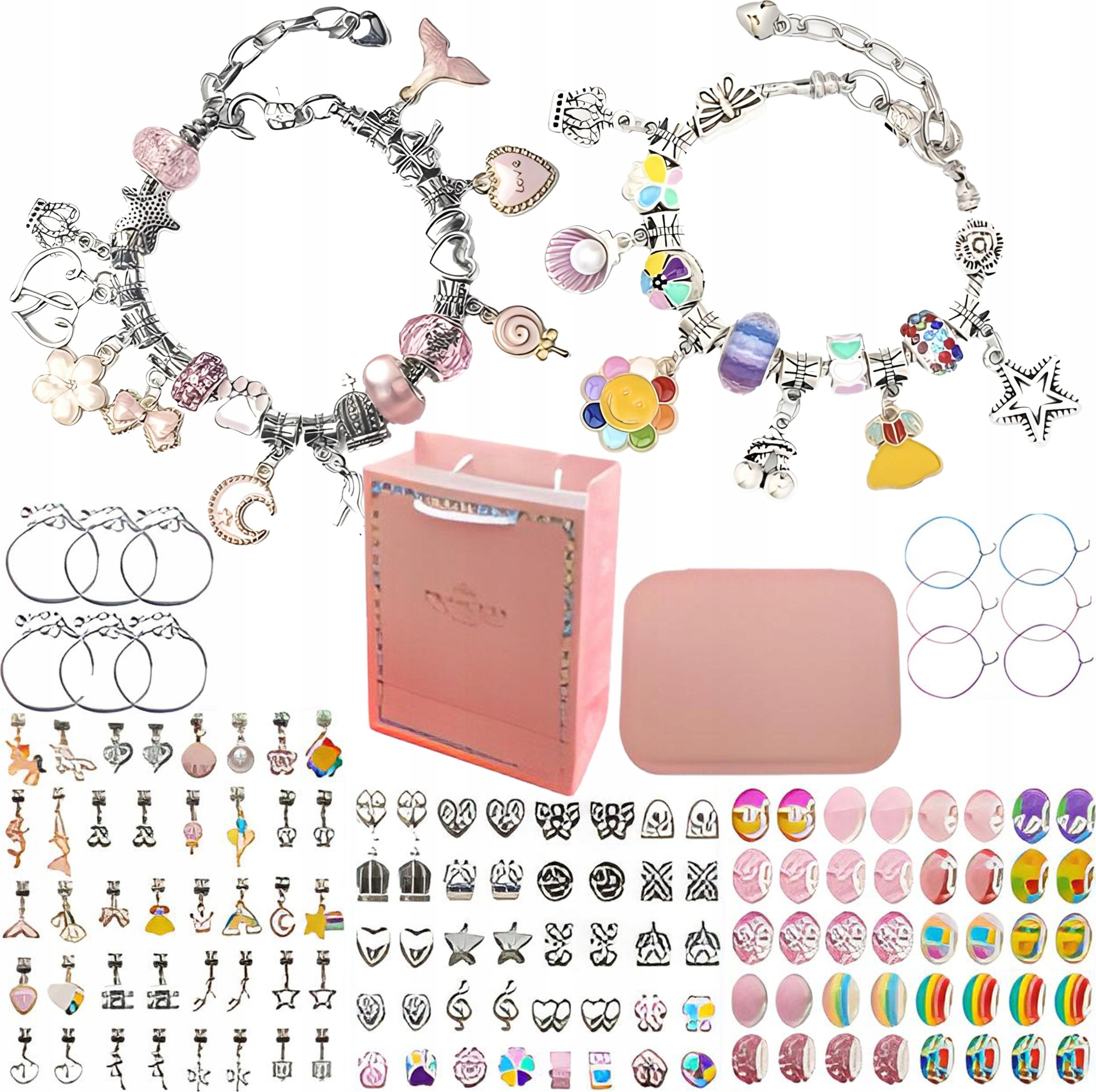 Zestaw Do Tworzenia Robienia Biżuterii, Bransoletek, Charmsy, Zawieszki, Koraliki TĘCZOWO-RÓŻOWY MIX + Etui