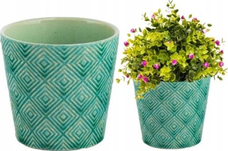Polnix Osłonka na kwiaty ceramiczna zielona stylowa 13,5 x 13 cm