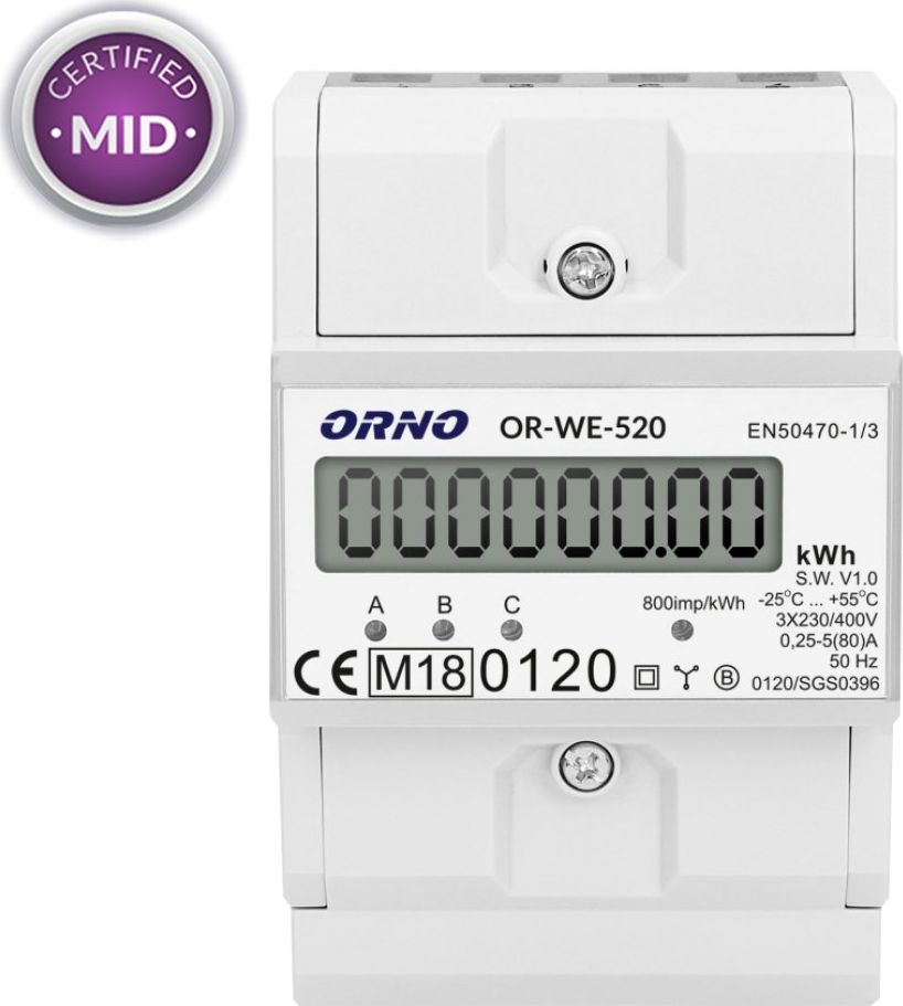 Orno 3-fazowy licznik energii elektrycznej, 80A, MID, 3 moduły, DIN TH-35mm