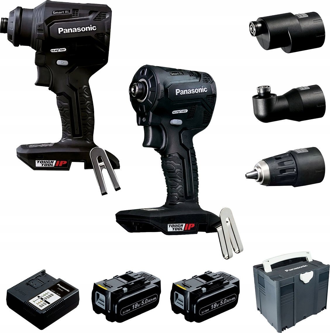 Zestaw narzędzi Panasonic Zestaw Panasonic: wkrętarka EY1DD2, zakrętarka udarowa EY1PD1, 2x Akumulator 18V/5,0 Ah, ładowarka, systainer, 3 końcówki r