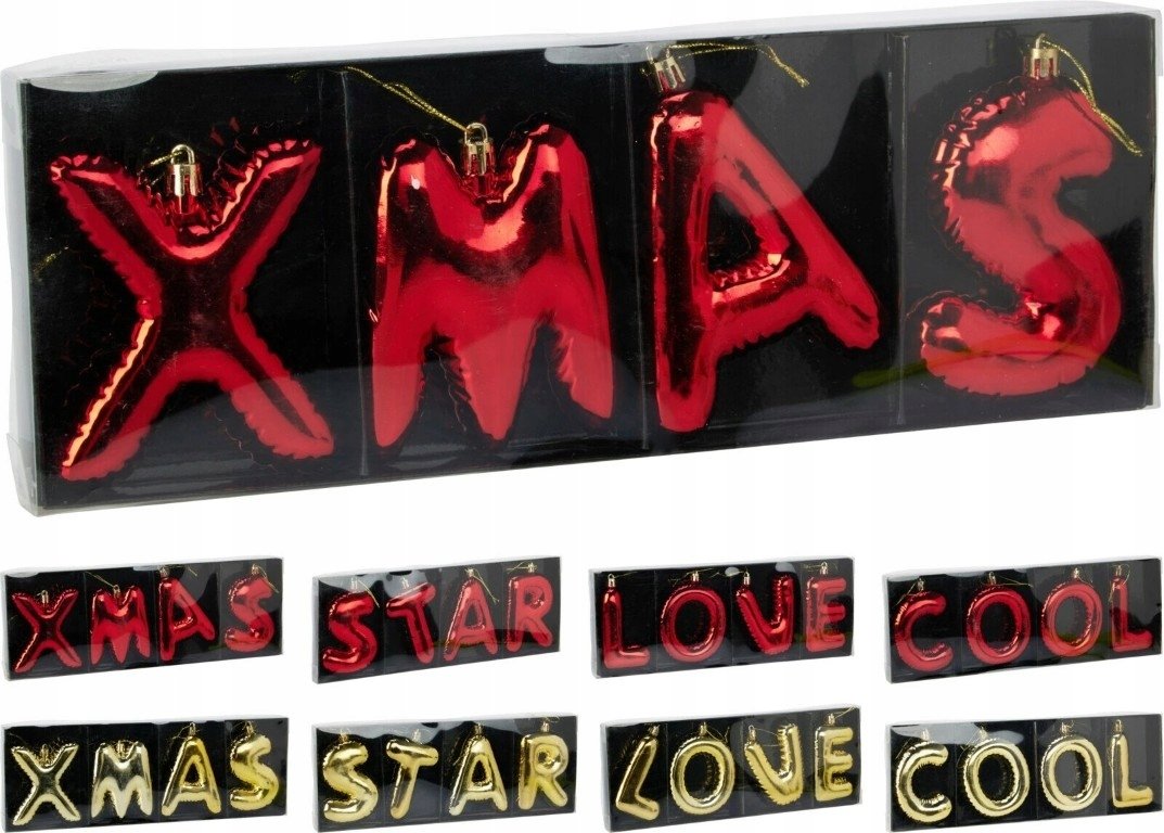 Bombki świąteczne metalowe litery 4 szt. XMAS STAR LOVE COOL złote i czerwone