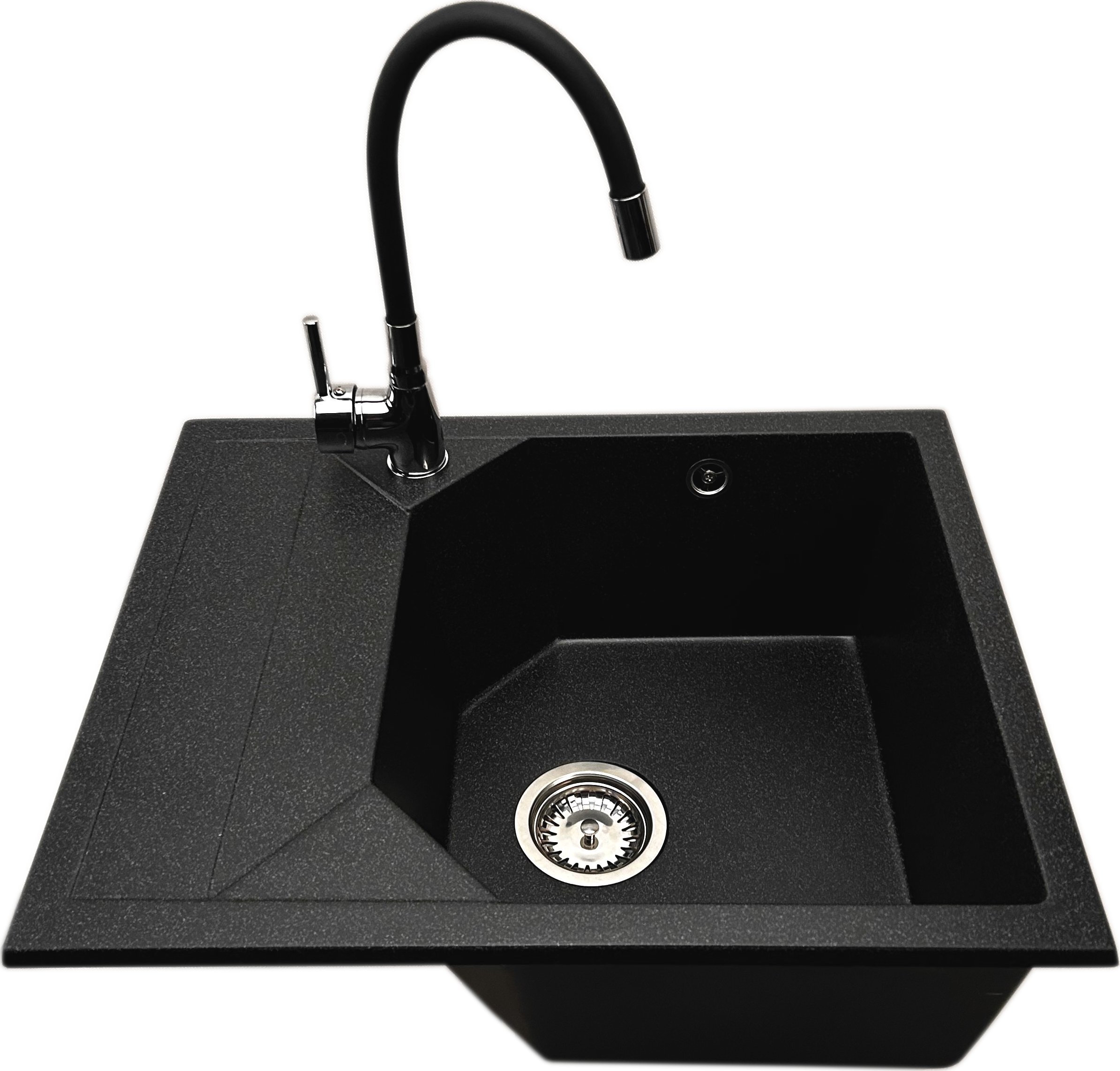 Zlewozmywak PREHNIT Zlewozmywak jednokomorowy z ociekaczem POLLO grafit z lewym ociekaczem + bateria flex LAVO