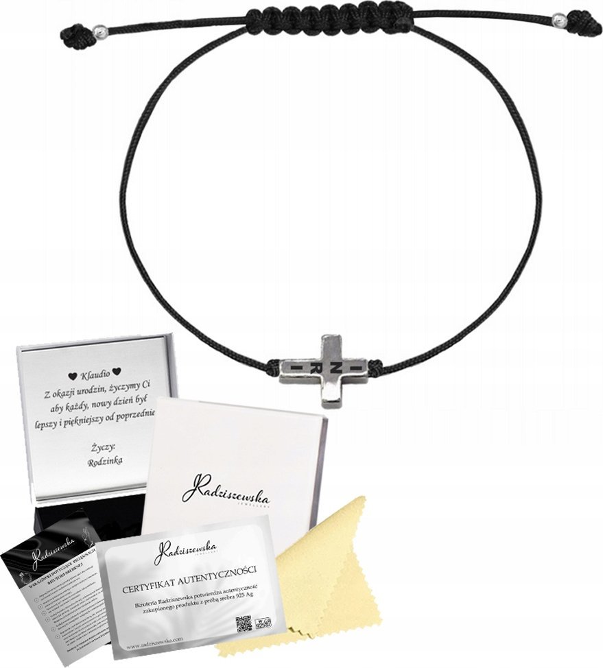 Radziszewska Jewellery Bransoletka z Krzyżykiem INRI Hematyt Sznurek Prezent Biżuteria ŻYCZENIA
