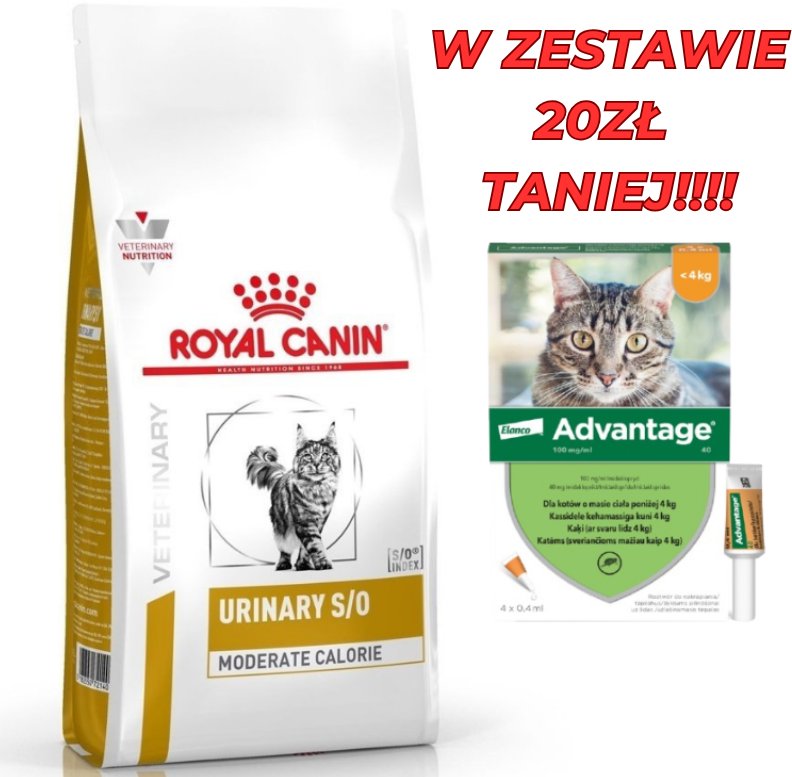 ROYAL CANIN Urinary S/O Moderate Calorie UMC34 9kg + Advantage - dla kotów (0,4mlx4) *roztwór* blister