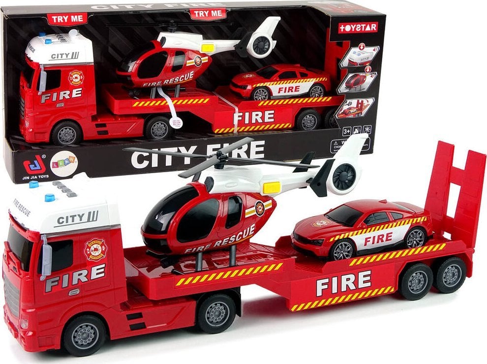 LeanToys Zestaw Straż Pożarna Laweta Autko Helikopter Dźwięk Światła Czerwone LEAN Toys