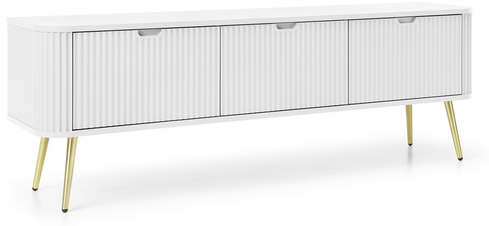 Szafka RTV Porto 168cm w kolorze białym trzydrzwiowa z ryflowanymi frontami i złotymi nogami