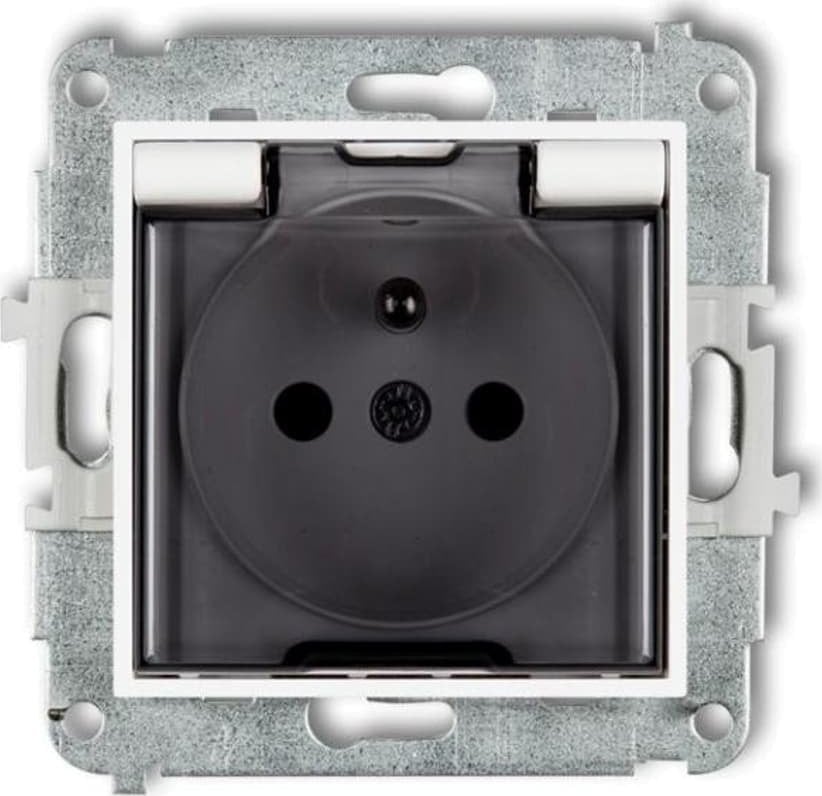 Karlik Gniazdo bryzgoszczelne Karlik Mini 25MGPB-1zdp z uziemieniem 2P+Z klapka dymna, przesłony torów prądowych biały mat/dymione