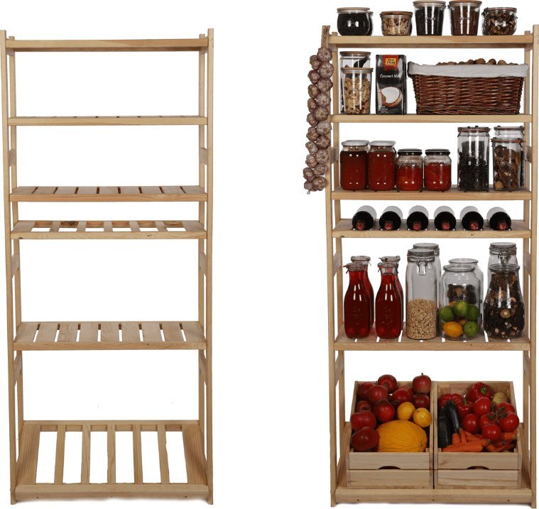 Wamar-Sosenka Regał drewniany do spiżarni LSR P4W1S1 Naturalny Półki proste 4 szt, Półki na wino 1 szt, Półki na skrzynki 1 szt Drewno sosnowe
