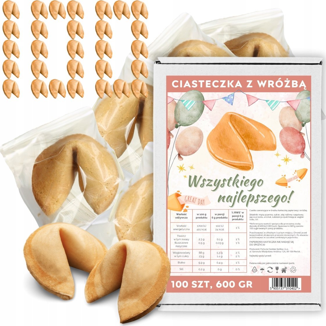 MagiaCiast Ciasteczka z Wróżbą Wszystkiego Najlepszego Chińskie Ciasteczka 100 szt