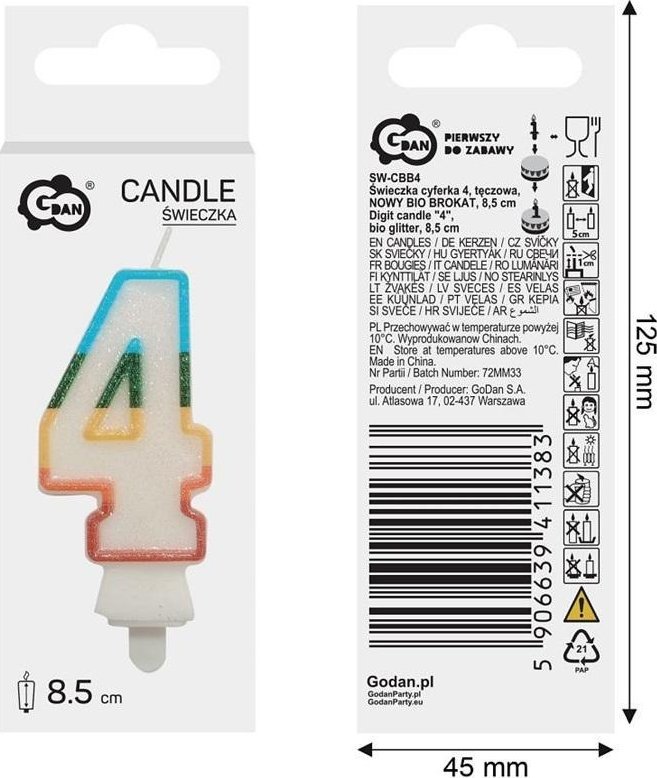 Świeczka cyfra 4 tęczowa 8,5cm