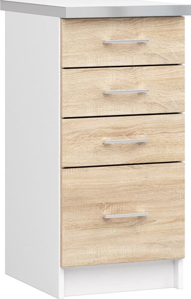 Nore Virtuvinė spintelė NORE Lima S40 su 4-iais stalčiais, baltos/ąžuolo spalvos