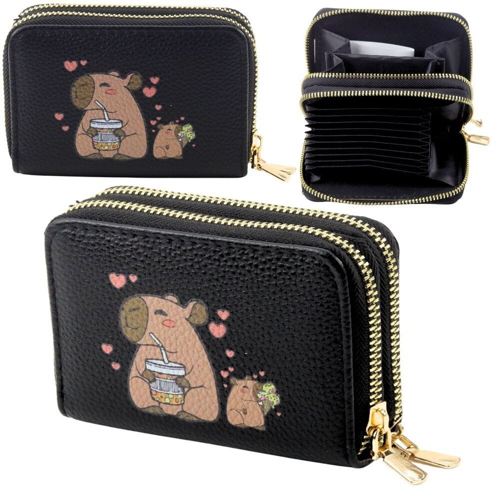 Portfel Dwukomorowy Przegrody na Karty Kapibara Czarny 12,5 x 8,5cm