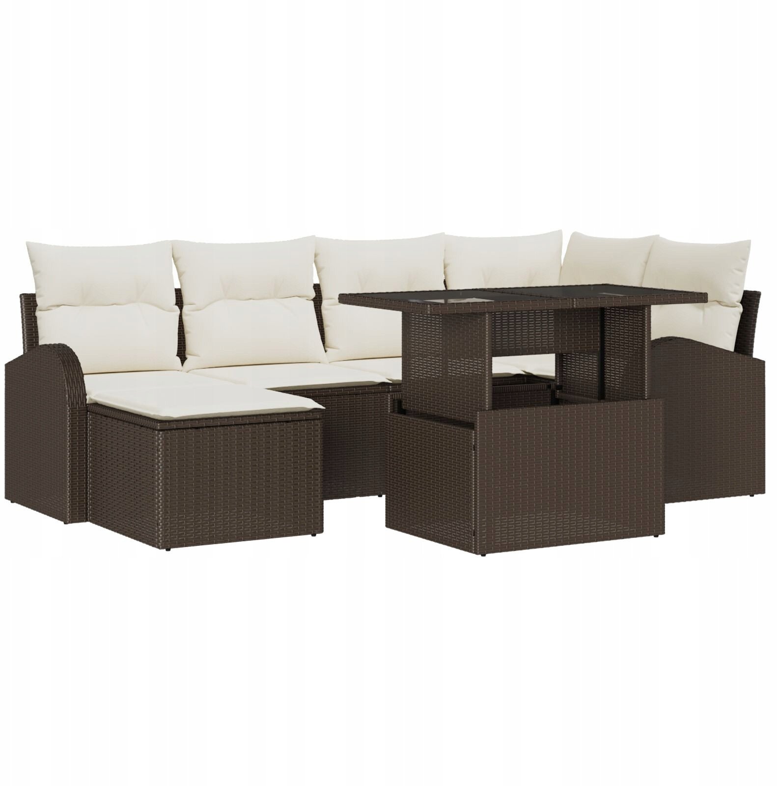 vidaXL Zestaw 7-częściowy sof ogrodowych z poduszkami brązowy Poli Rattan, vidaXL 2-osobowa sofa ogrodowa z miejscem do przechowywania i poduszkami br