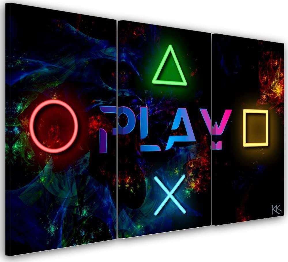 Feeby Obraz trzyczęściowy na płótnie, Napis play i przyciski do kontrolera - 150x100