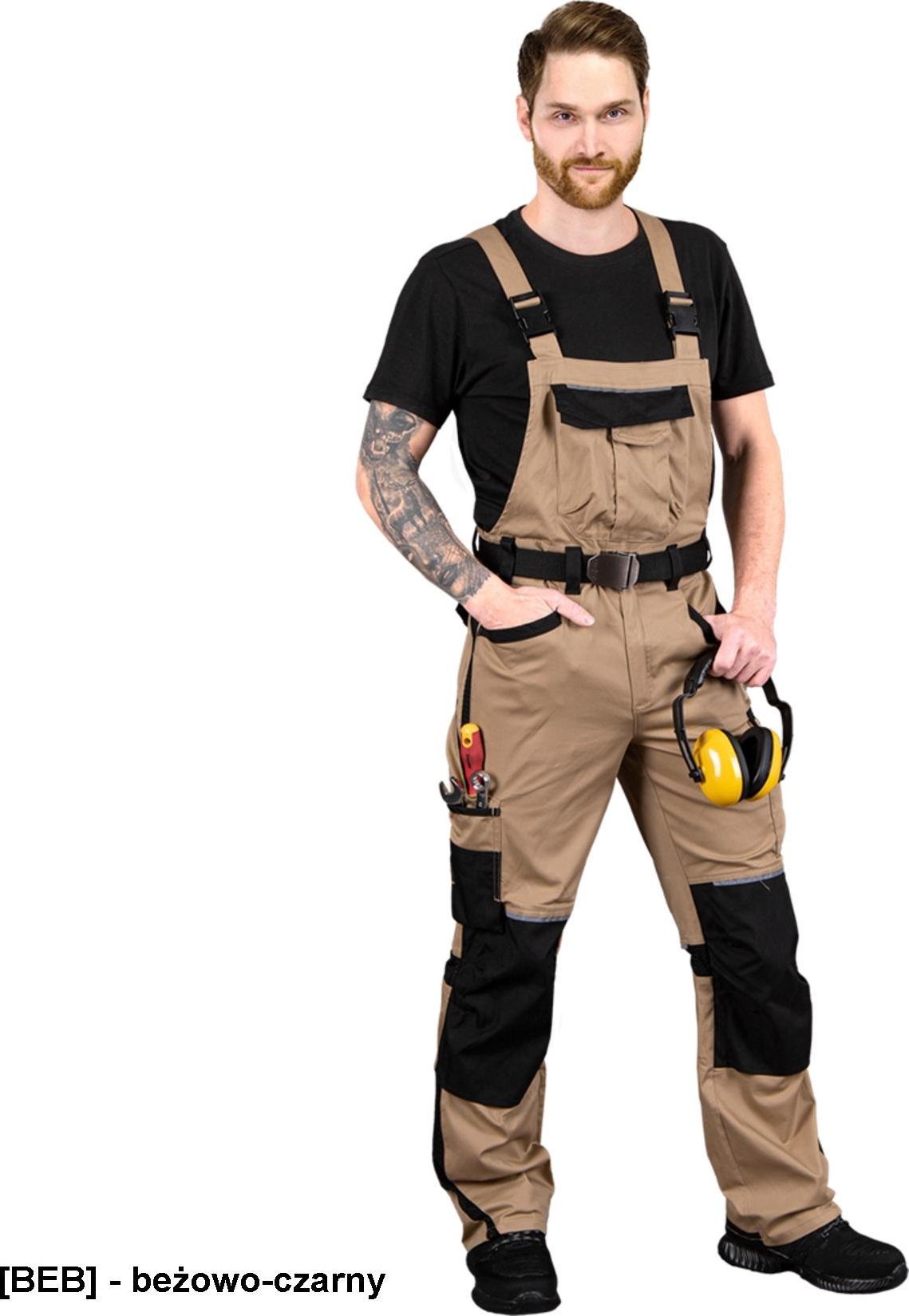 R.E.I.S. LH-DESERT-B - spodnie ochronne ogrodniczki, 8 kieszeni + na nakolanniki, uchwyt na młotek, odblaski, siateczkowe wstawki, 100% bawełna, 220 g