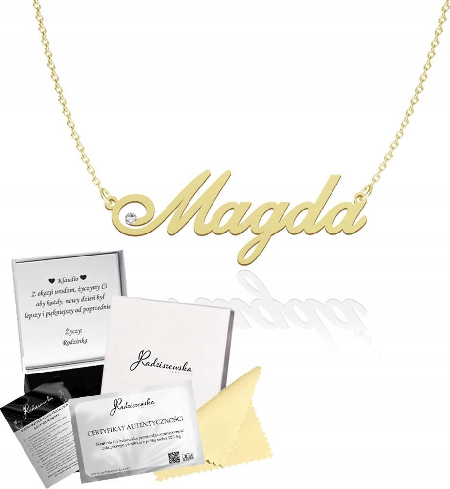Radziszewska Jewellery Złoty Naszyjnik z Imieniem MAGDA Łańcuszek SREBRO 925 Prezent ŻYCZENIA