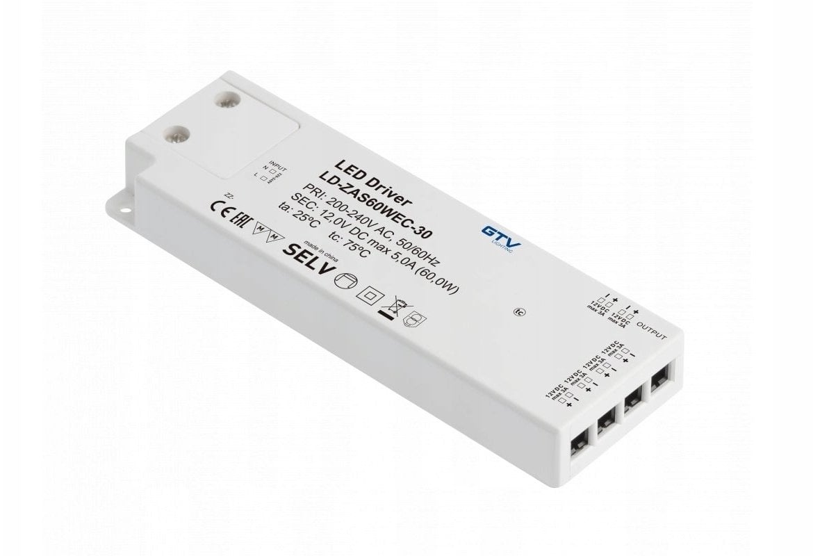 Zasilacz LED SLIM EASY CLICK 12V,60W, input 220-240VAC, IP20, wym.190x62x21(23) mm, 6 wbudowanych gniazd mini amp i przewód