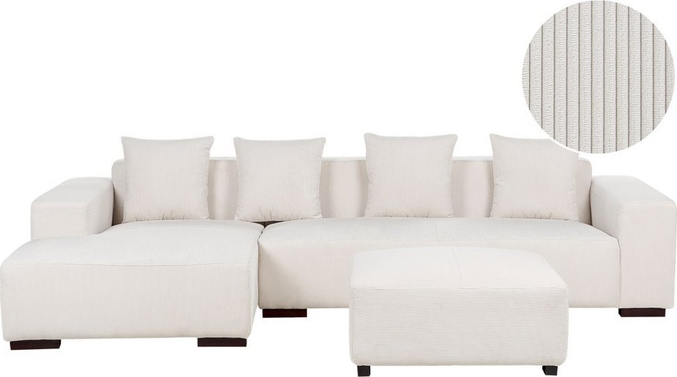 Beliani Narożnik prawostronny z otomaną sztruksowy złamana biel LUNGO