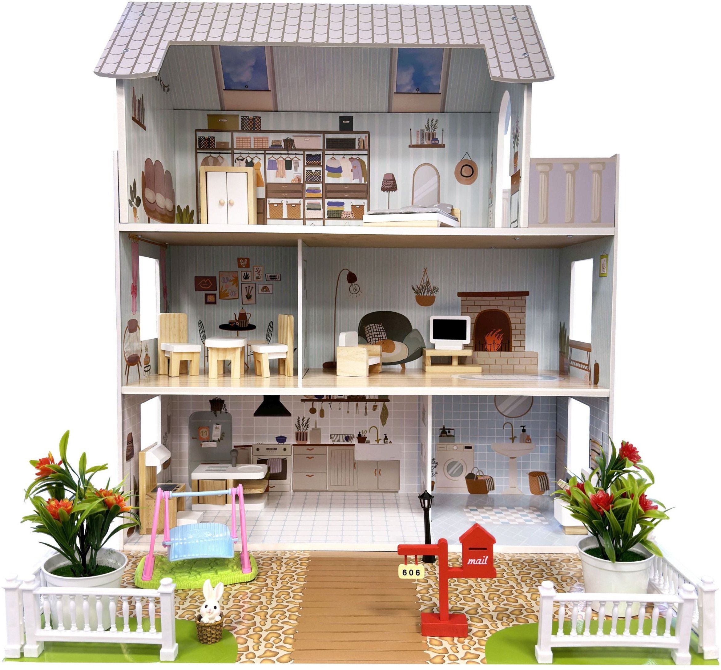 Drewniany domek dla lalek Rozalia z ogrodem i akcesoriami