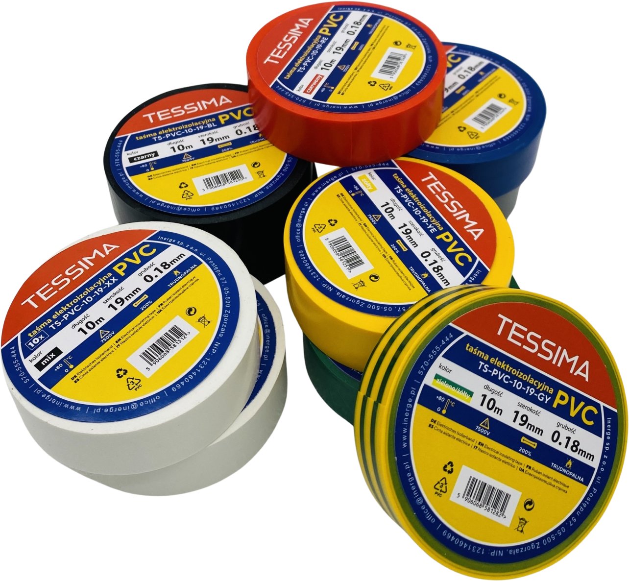 Taśma elektroizolacyjna 10m 19mm 0.18mm mix 10szt TESSIMA