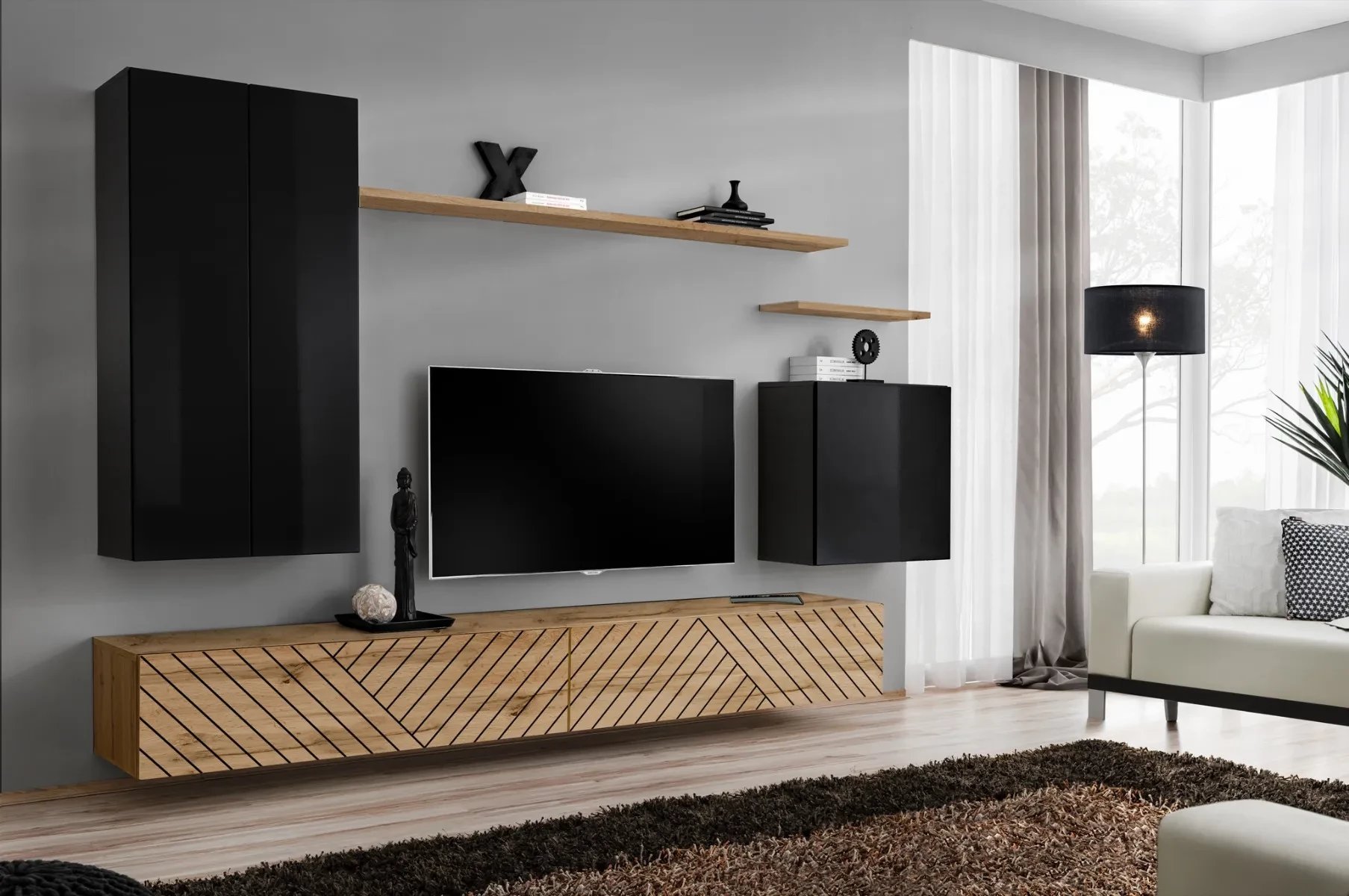 Meblościanka SWITCH LAMEL II czarna/dąb wotan ASM Meble