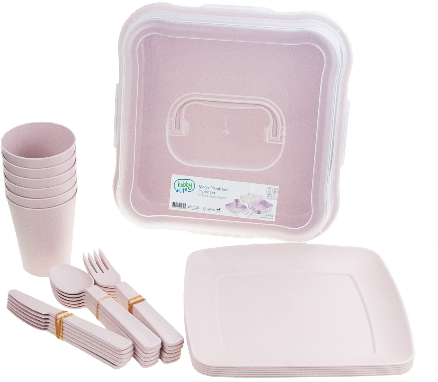 HOB031289 ZESTAW PIKNIKOWY 32 ELELEMENTY KUBKI SZTUĆCE POJEMNIK TALERZE PLASTIKOWE