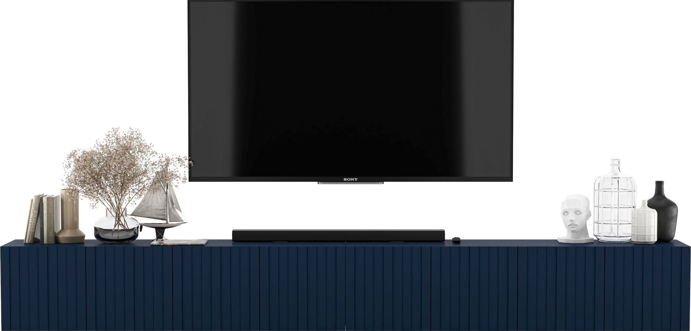 Meble Lindner Wisząca Szafka RTV Glamour Meble Lindner Nowoczesna Komoda RTV 300 cm Granatowy MAT