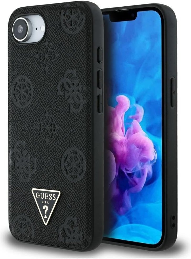 Case Guess Grained Hot Stamp Peony Triangle Logo MagSafe for iPhone 16e black