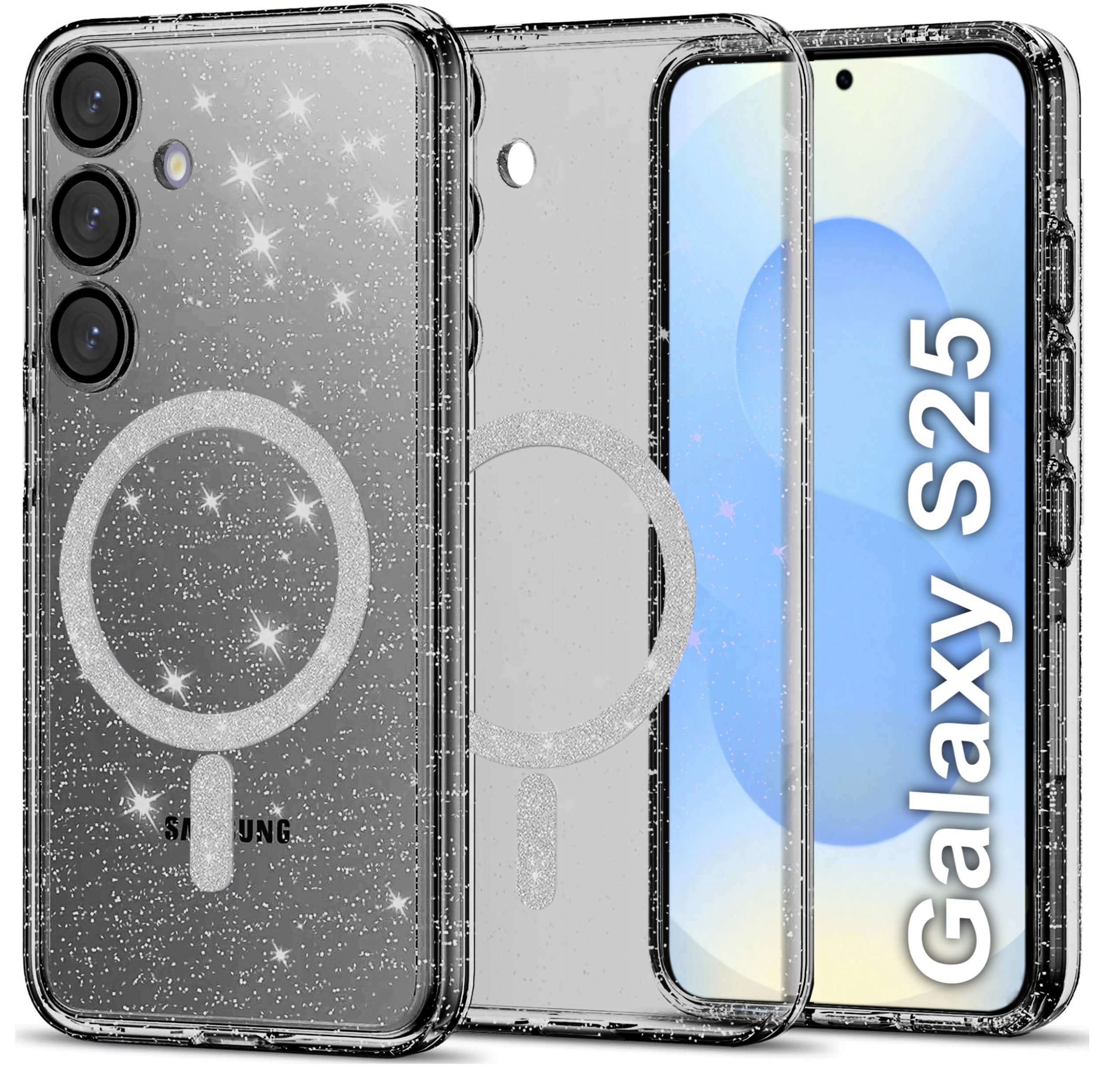 Etui do Samsung S25 BROKATOWE do MagSafe CLEAR SHINE + SZKŁO NA EKRAN