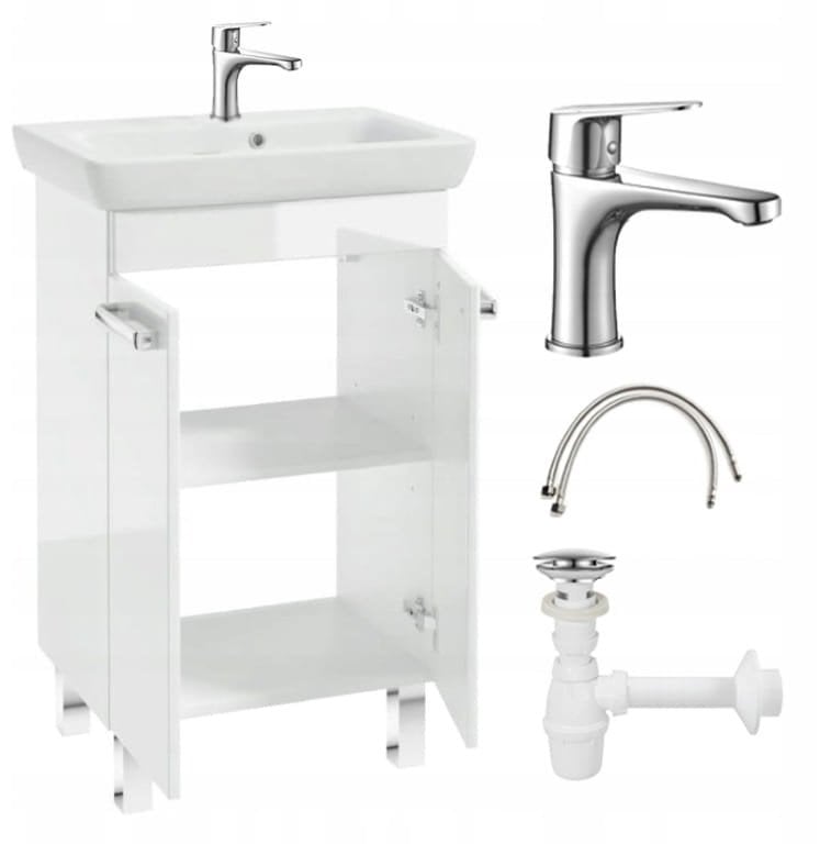 Szafka łazienkowa z umywalką biały połysk stojąca 55x85 Capri z baterią chrom wydłużoną