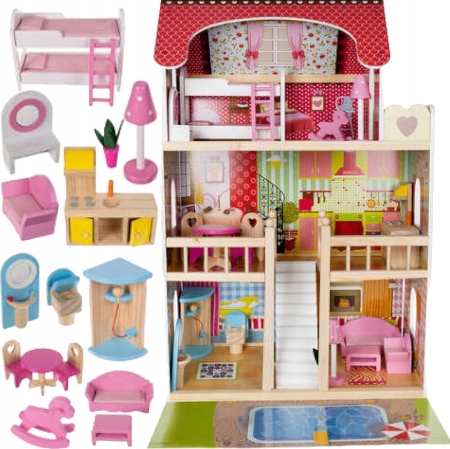 Drewniany domek dla lalek + basen + meble + lalki + światło led
