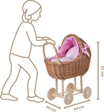 WickerPL Lili ZESTAW ZABAWEK WIKLINOWY WÓZEK I KOLEBKA DLA LALEK Z RÓŻOWYM OBSZYCIEM 50x30 H62 / 46x28 H20/25 CM