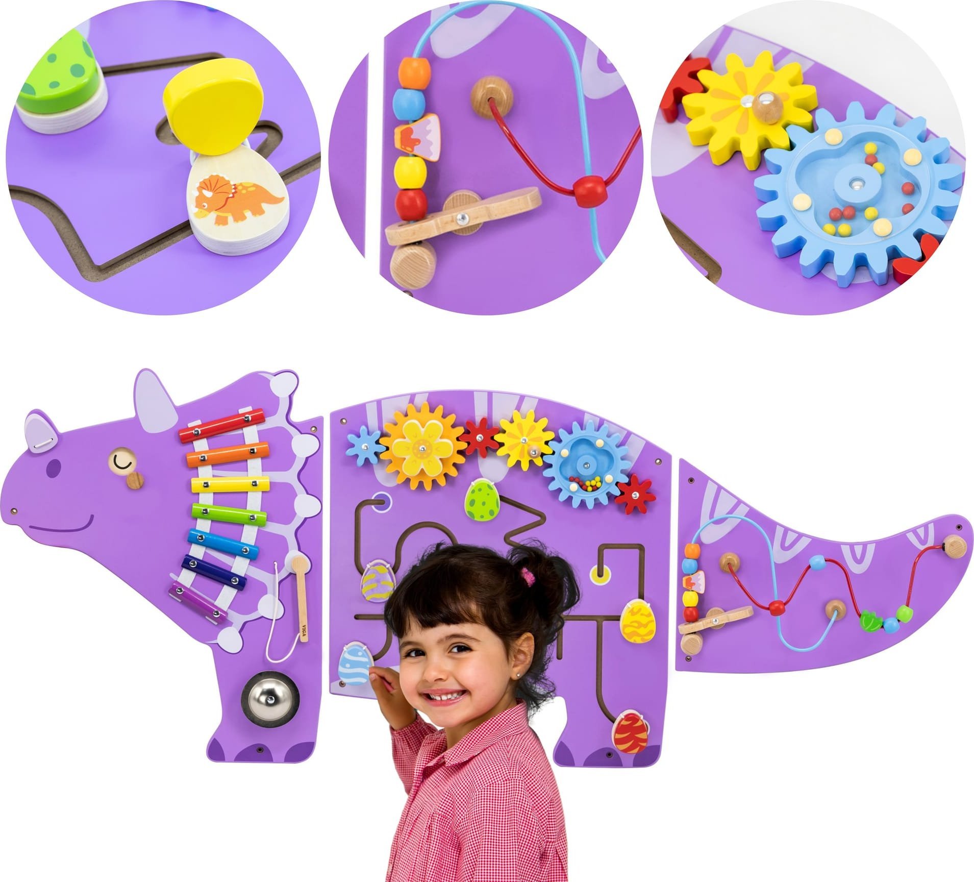 Viga Toys VIGA Drewniana Tablica Sensoryczna-Manipulacyjna EDU Triceratops
