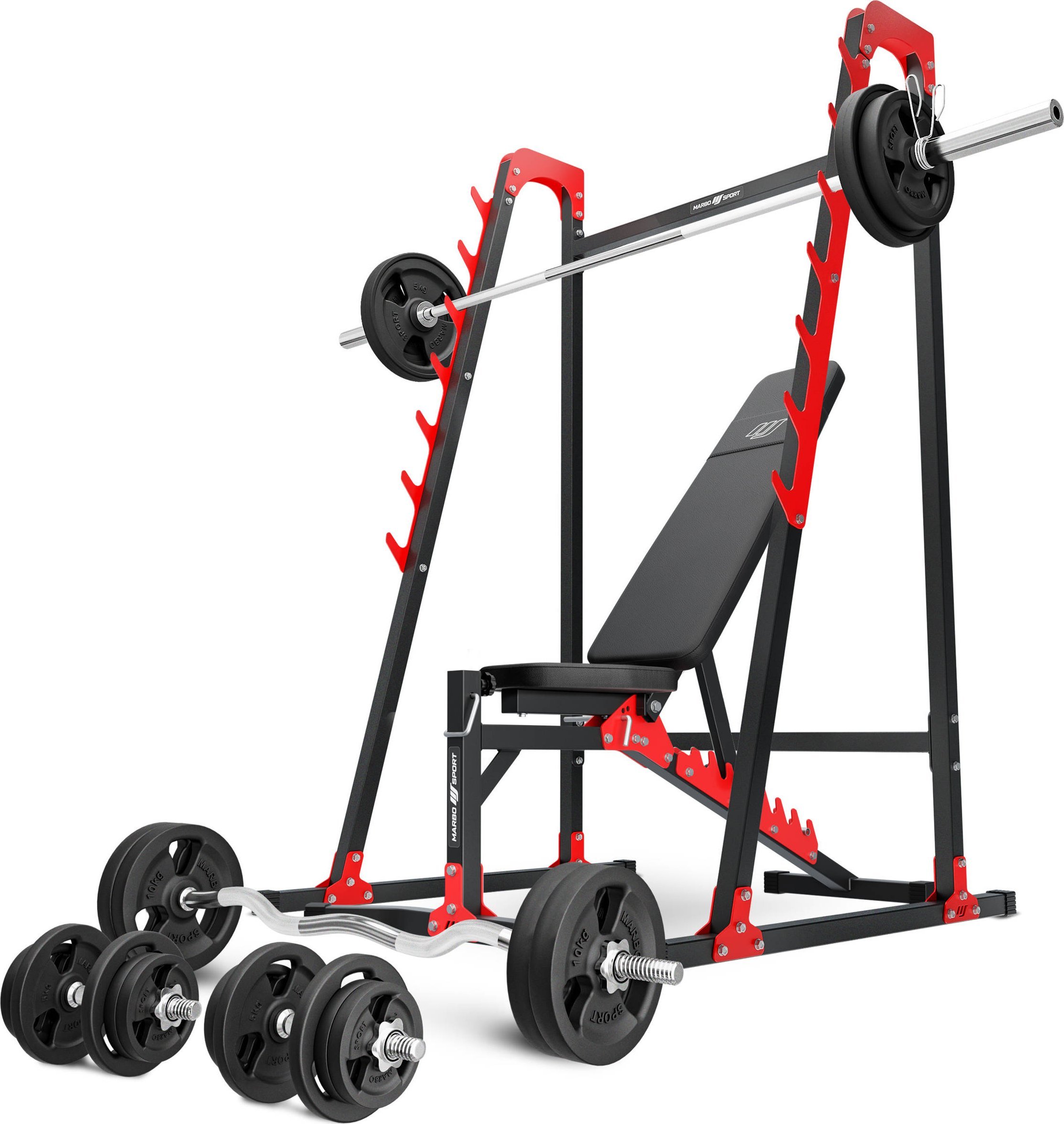 Zestaw MH24_156KG_KIER 2. 0 | Ławka regulowana + stojaki wielopoziomowe + zestaw gryfów i obciążeń - Marbo Sport